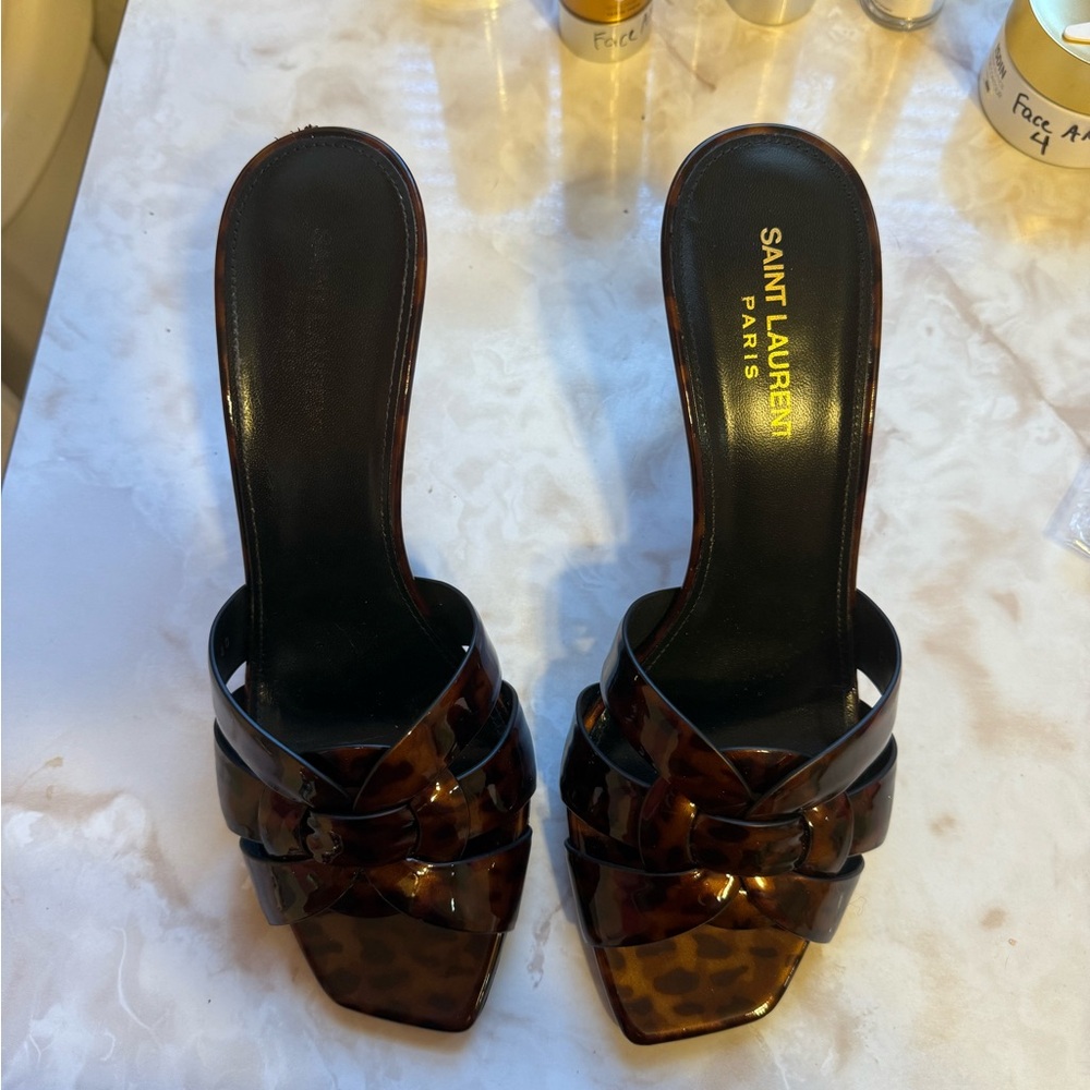 YSL tortoise tribute open toe sandal heels mules